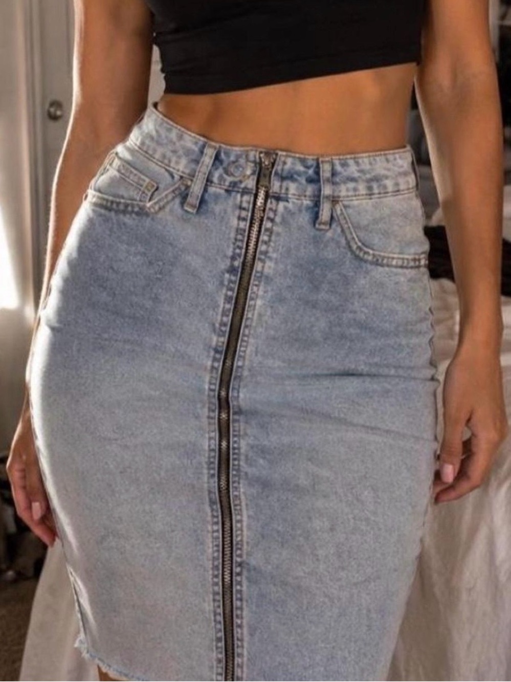 Wild Fable High-Waist Light Blue Pencil Midi Denim Zip-Front Skirt sz 0